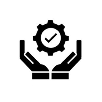 Black and white icon of open hands holding a tick in a circle.