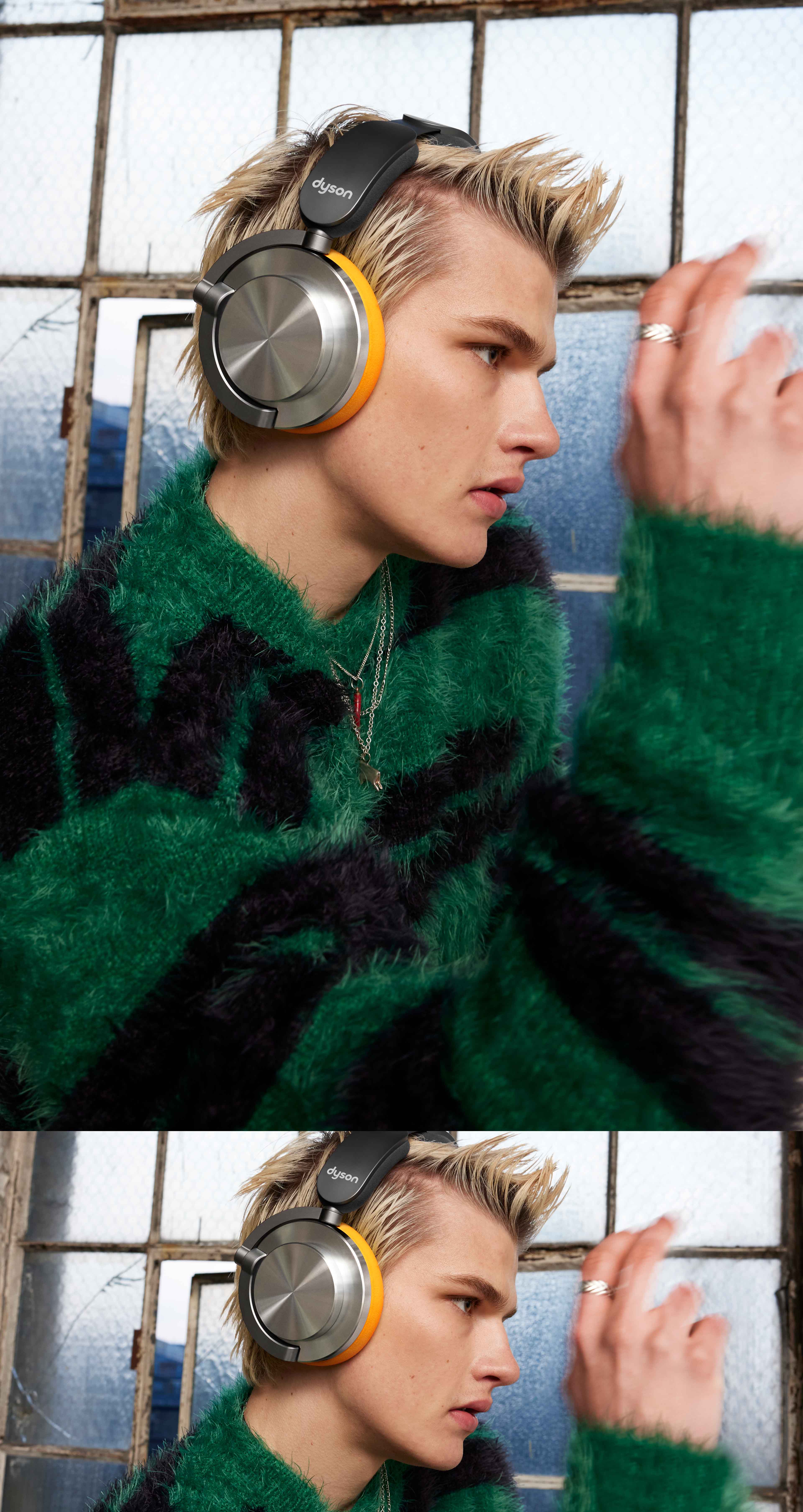 A model wearing the Dyson OnTrac headphones.