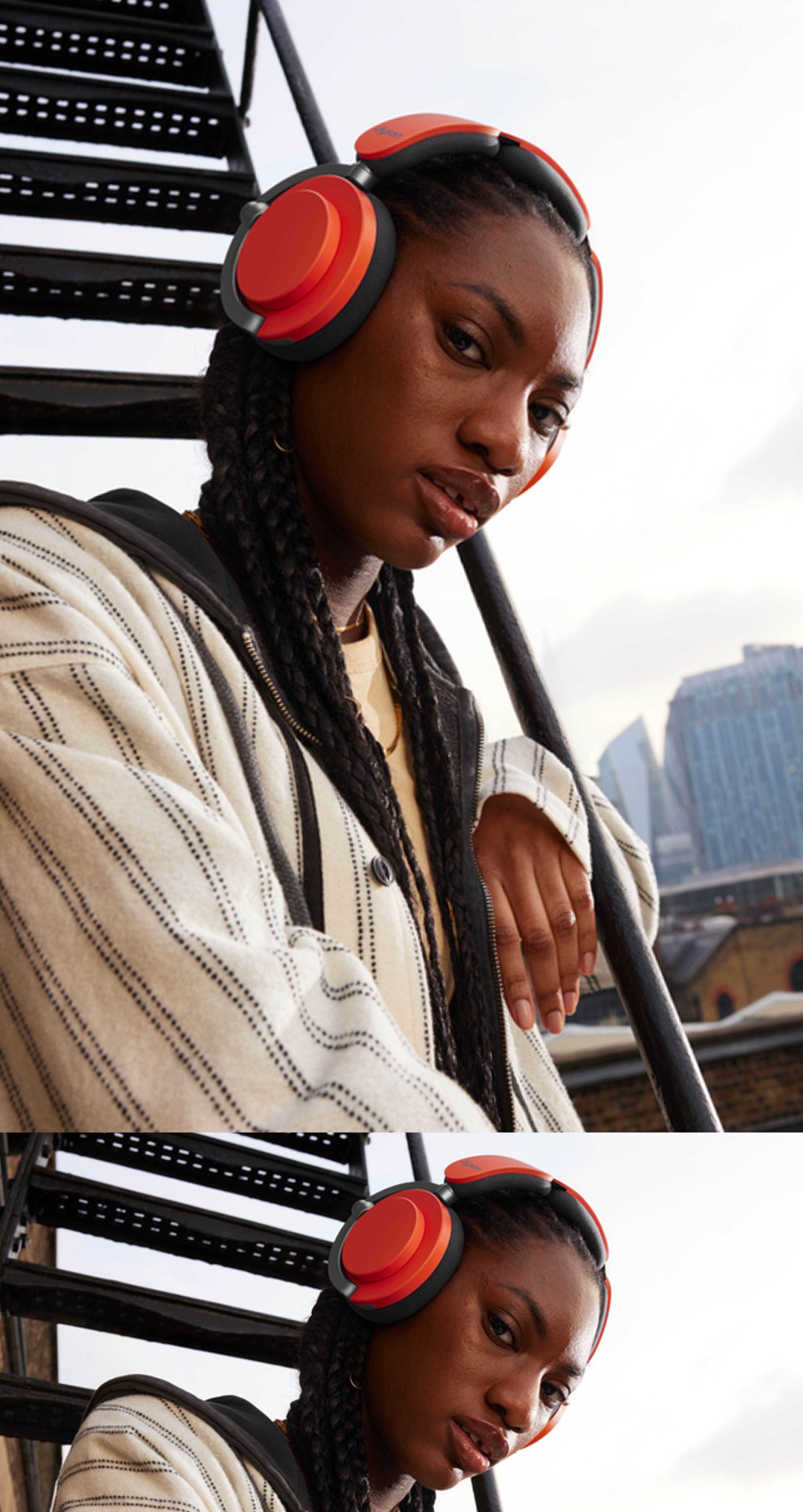 A model wearing the Dyson OnTrac headphones.